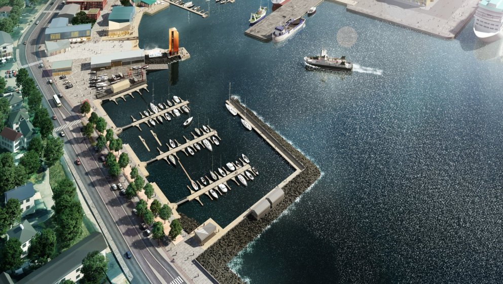 Þannig lítur nýja Hamarshöfnina út samkvæmt rammaskipulagi, en hún verður framundan Vesturhamri.